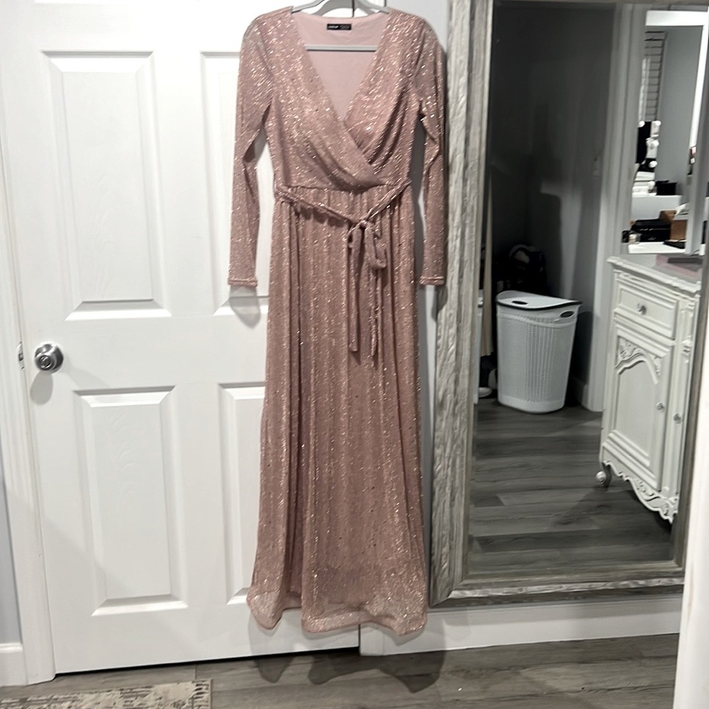 Glitter Surplice Plunging Belted Maxi Prom Dress